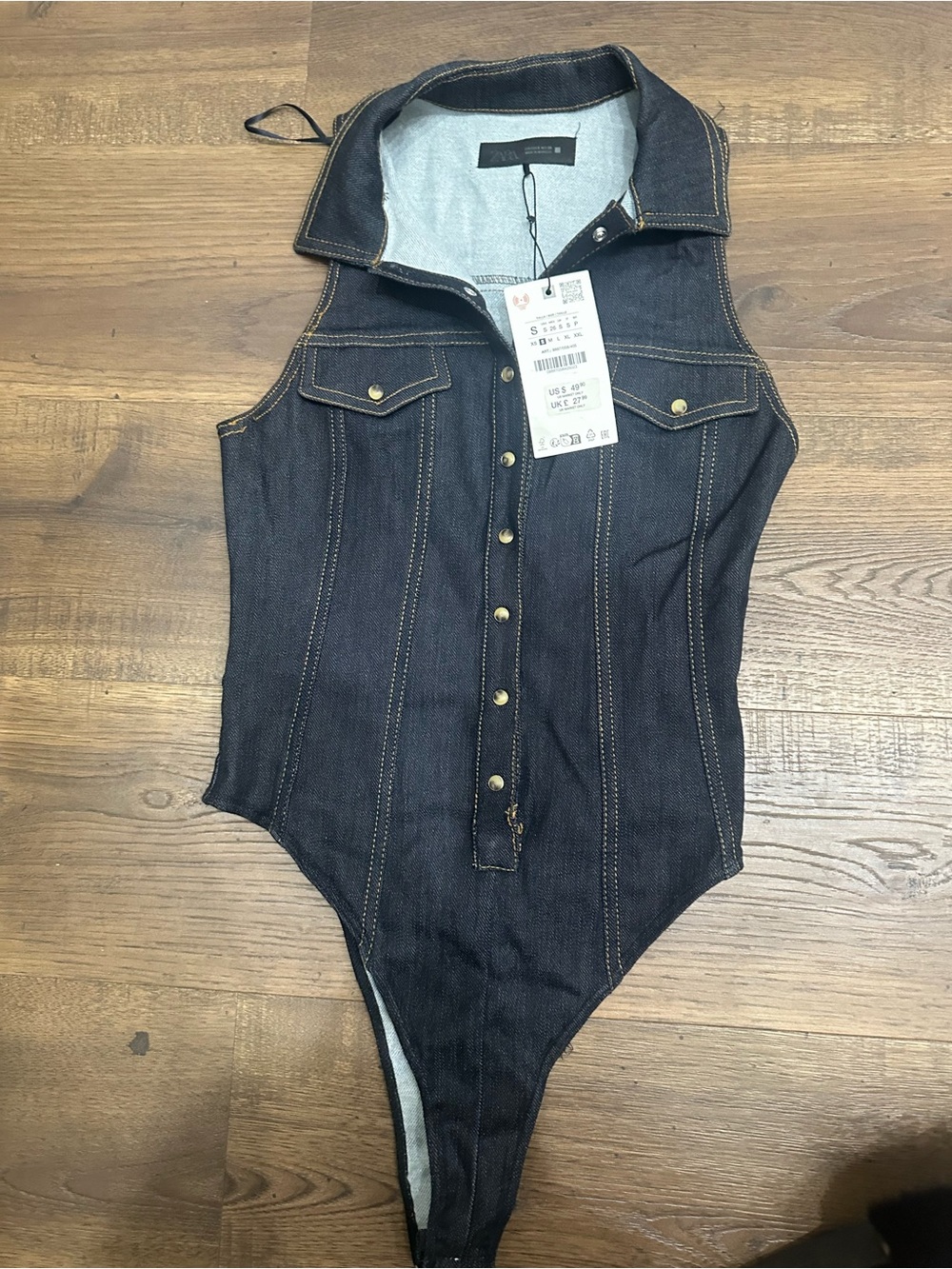 Zara Dark Indigo Denim Sleeveless Bodysuit with Collar
